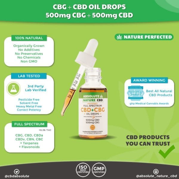 Full Spectrum 1000mg CBG & CBD Oil Drops / Tincture – 30ml – <0.3% thc